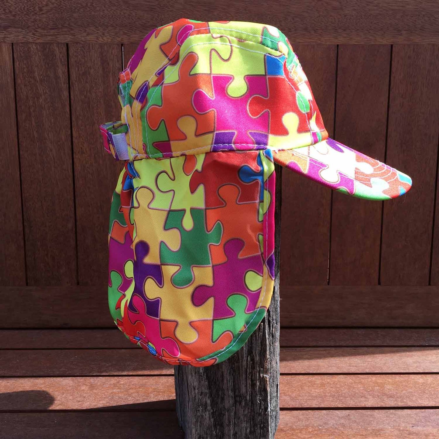 Puzzled-puzzle pieces patterned childrens legionnaires hat UPF50+ get flapped-side